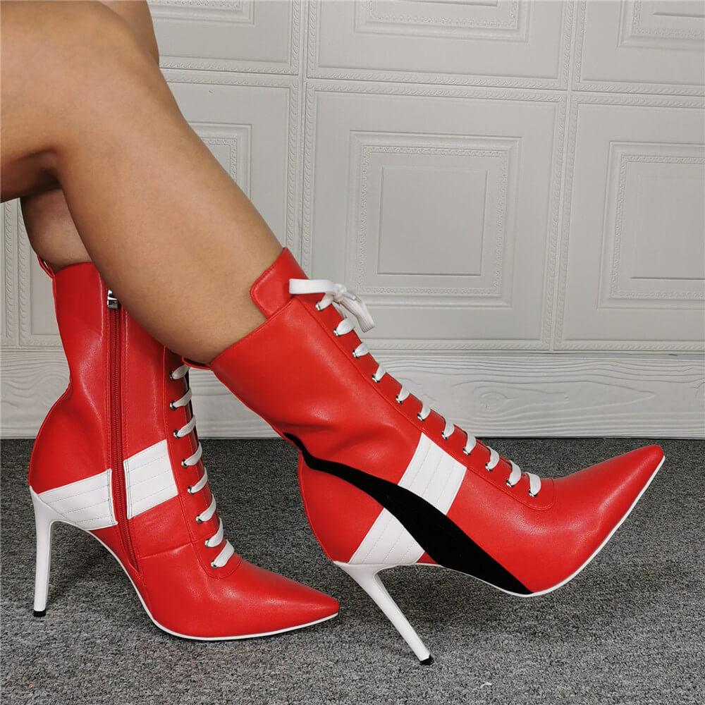 VCSHOES Red PU Point Toe Strap High Heel Calf Boots