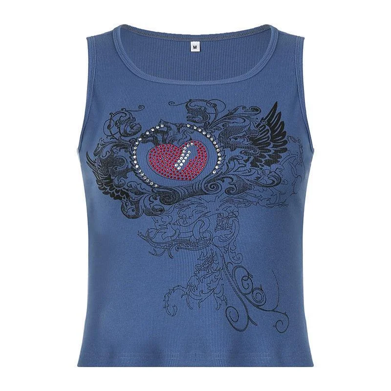 Uveng Uveng Women's Personality Hot Diamond Print Tight Round Collar Vest Sports Bottom Top