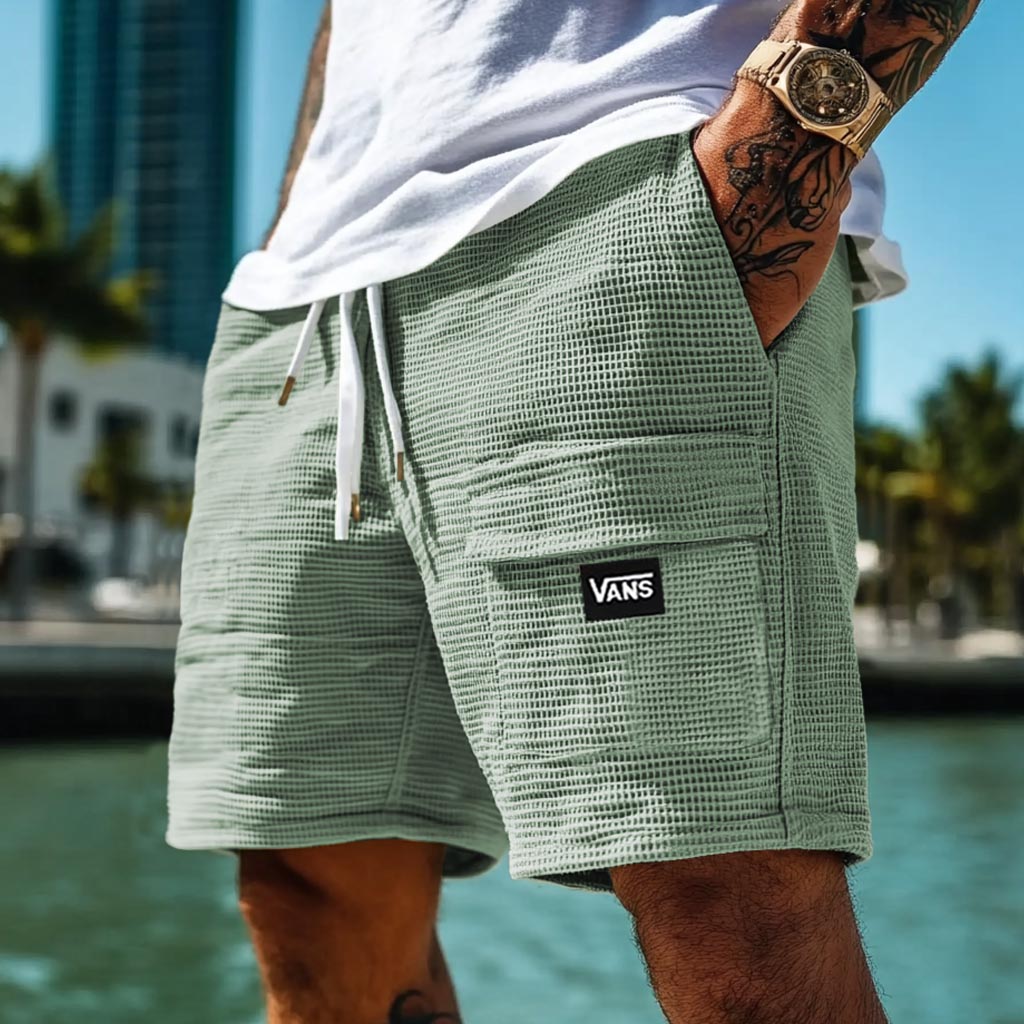 Men's Vintage Waffle Knit Surf Pocket Elastic Drawstring Walkshort Shorts