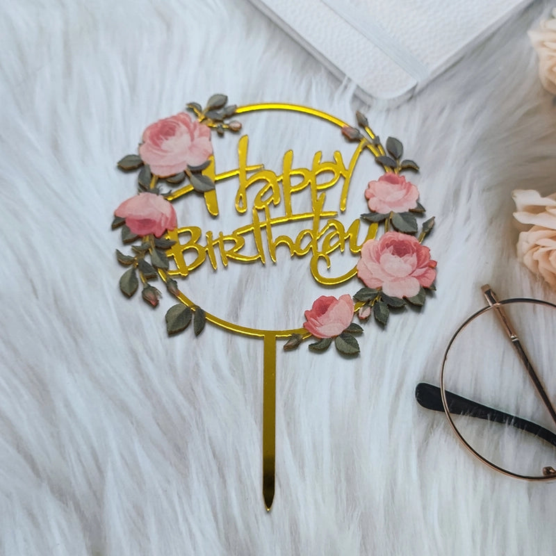 Acrylic Cake Topper Ins Style Floral Uv Color Printing Happy Birthday Dessert Decoration Plugin