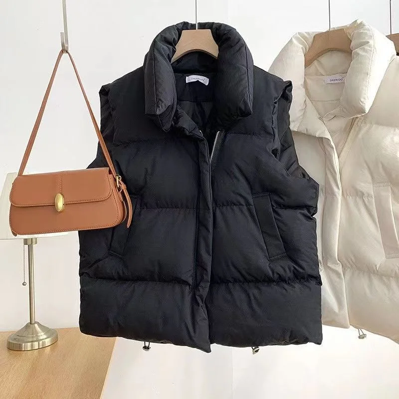 Women Sleeveless Stand-up Collar Solid Color Puffer Vest Coats