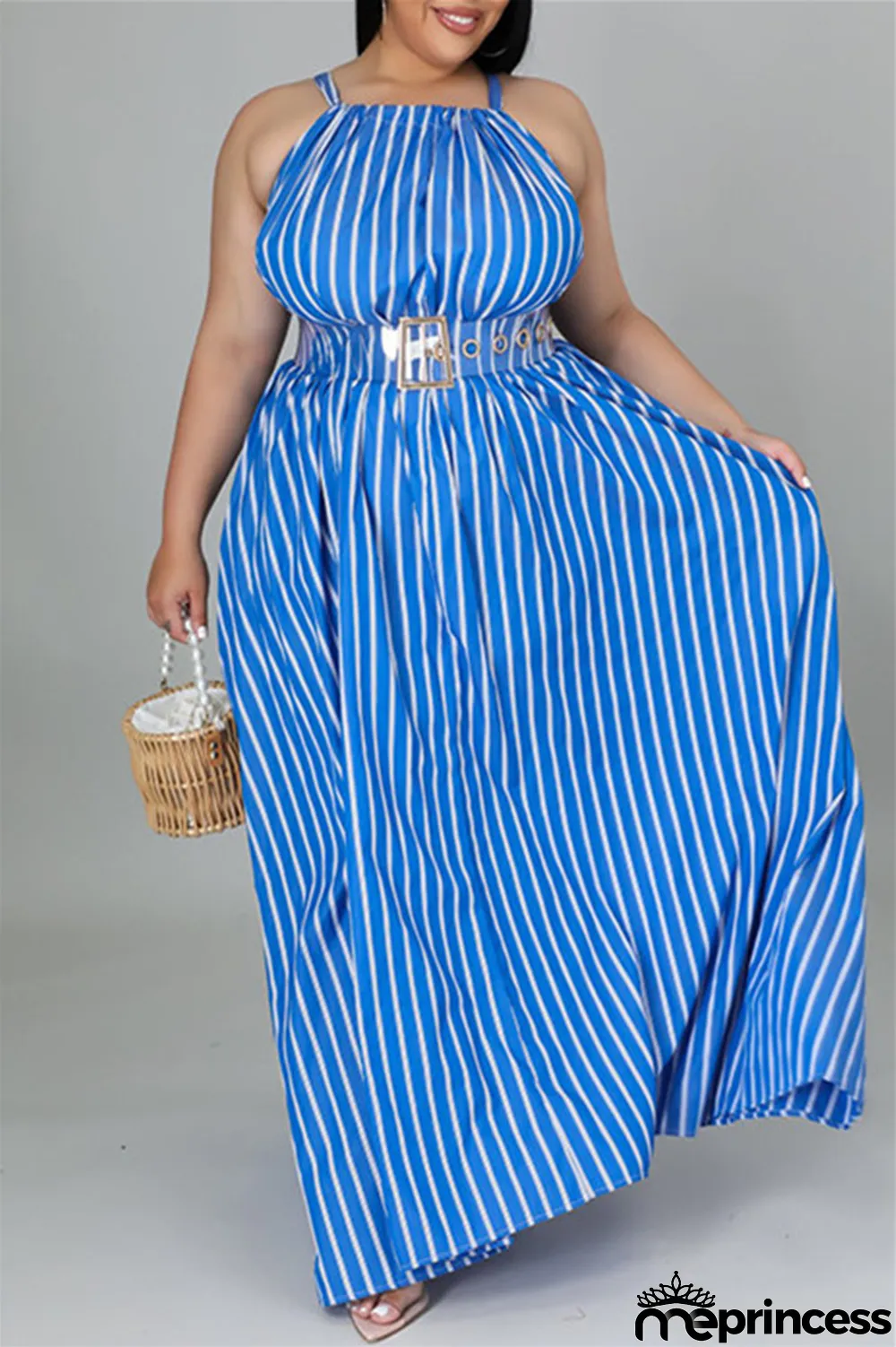 Light Blue Fashion Casual Plus Size Striped Print Backless O Neck Sleeveless Dress