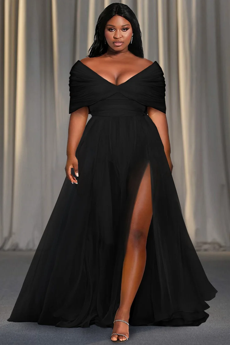 Xpluswear Design Plus Size Prom Black Off The Shoulder Cap Sleeve Split Tulle Maxi Dresses Xpluswear