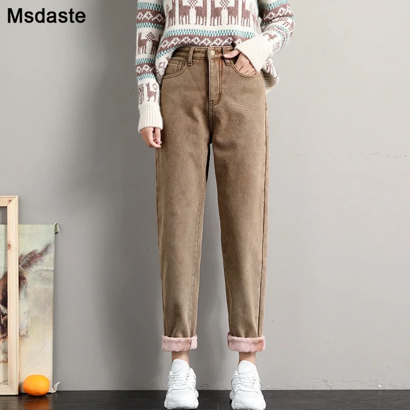 Winter Jeans for Women Velvet Thick Warm Denim Pants High Waist Fleece Mom Jeans Vintage Wide Leg Ankle-Length Harem Denim Pants