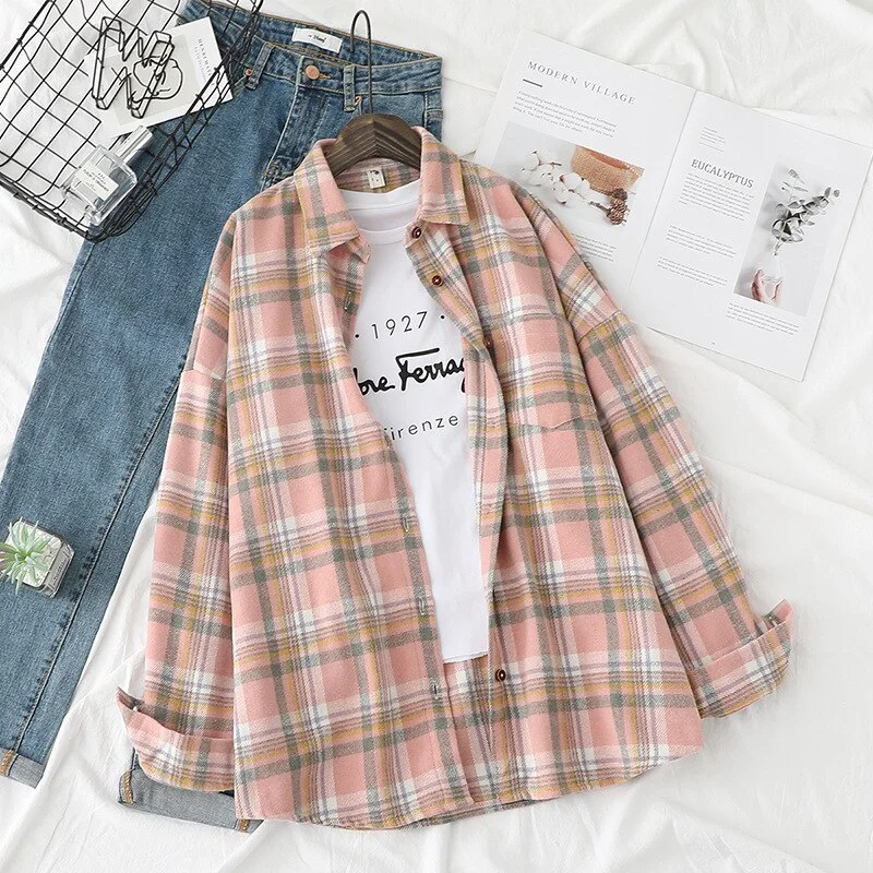 Autumn Winter Plaid Shirts Women Loose Blouses Woolen Lady Tops Female Clothes Outwear