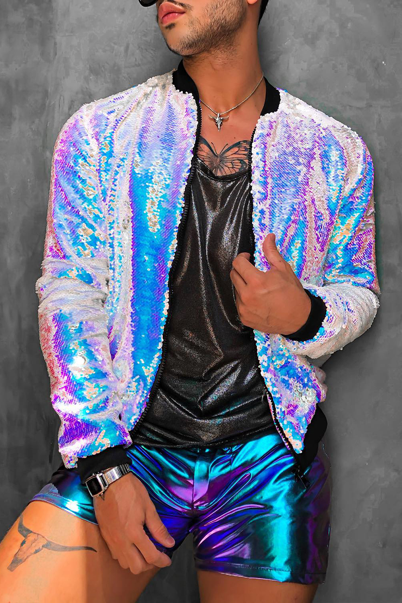 Ciciful Men's Iridescent Sequin Festival Slim-Fit Zipper Jacket