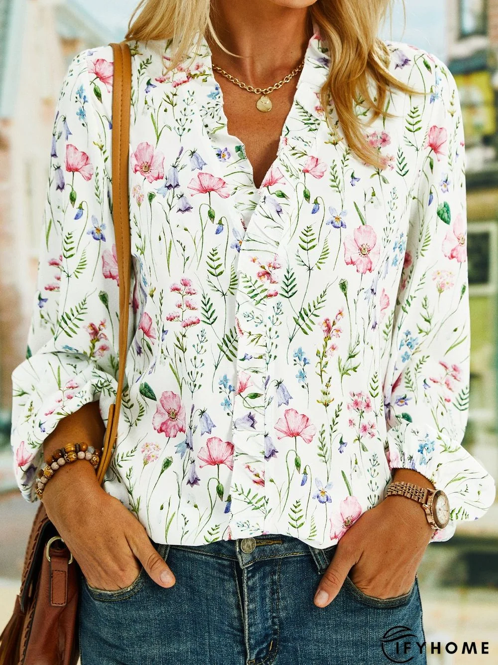 Floral Casual Long sleeve V Neck Top | IFYHOME