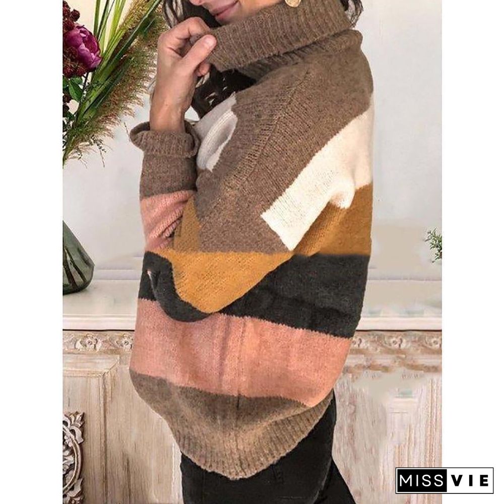 Elegant High Neck Striped Sweaters