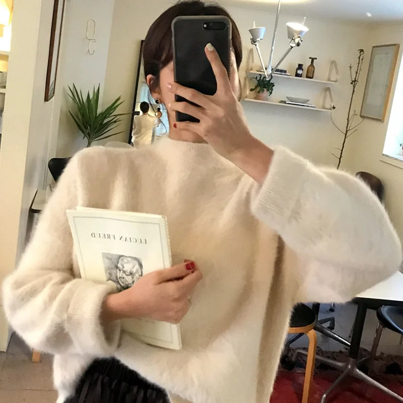 Hirsionsan Plush Sweater Women Mohair Cashmere Soft Thicken Ladies Solid Color Pullover Turtleneck Jumper Knitted White Tops