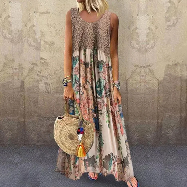 Printed Contrast Stitching Round Neck Dress