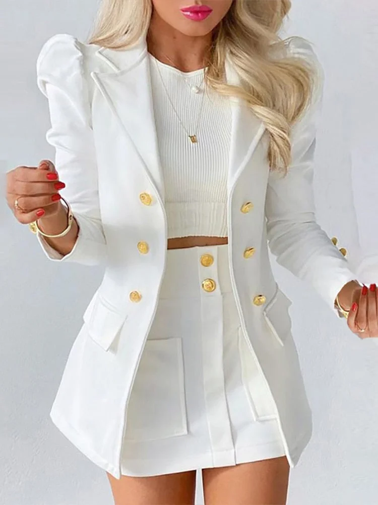 Peneran Graduation gift New Lady Office Solid Color Puff Sleeve Suit + High Waist Button Skirt Two-Piece Set Women Spring Fashion Blazer Commute Outfits