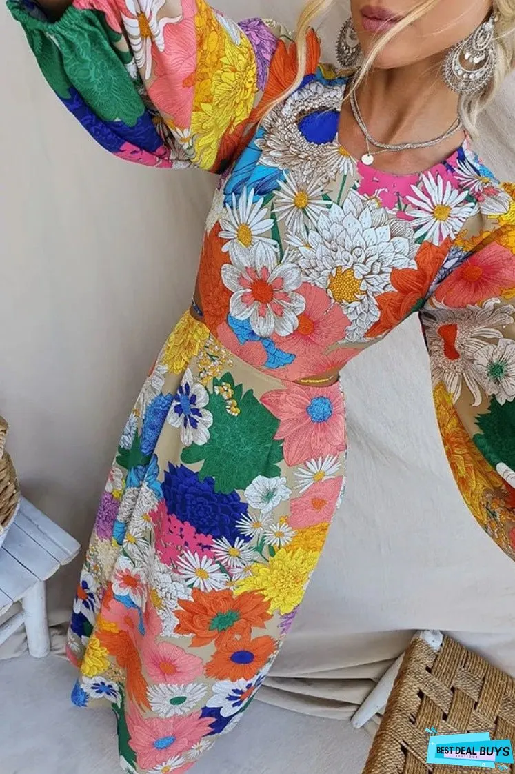 Autumn New Long Sleeve Dopamine Print Lace up Waist Holiday Street Fashion Dress