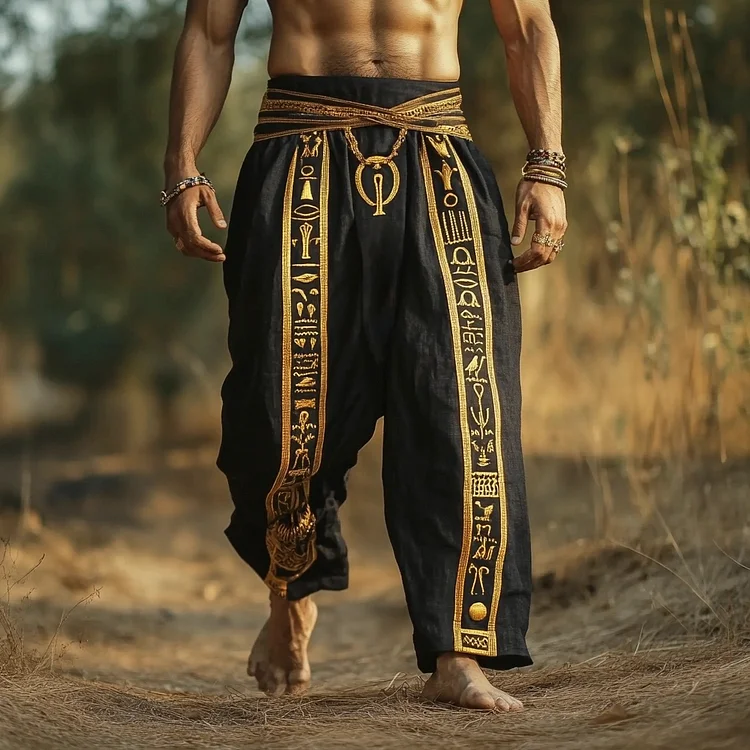 Egyptian Gold Totem Embroidered Men's Linen Trousers