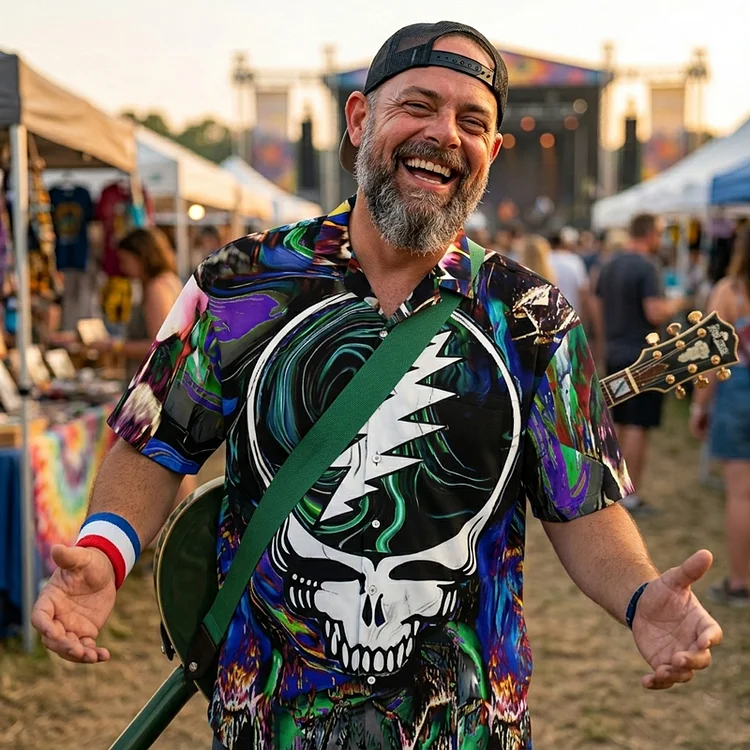 Vintage Grateful Dead Skull & Bear &Terrapin Graphic Cuban Collar Short Sleeve Shirt &ndash; Unisex Retro Cotton Top