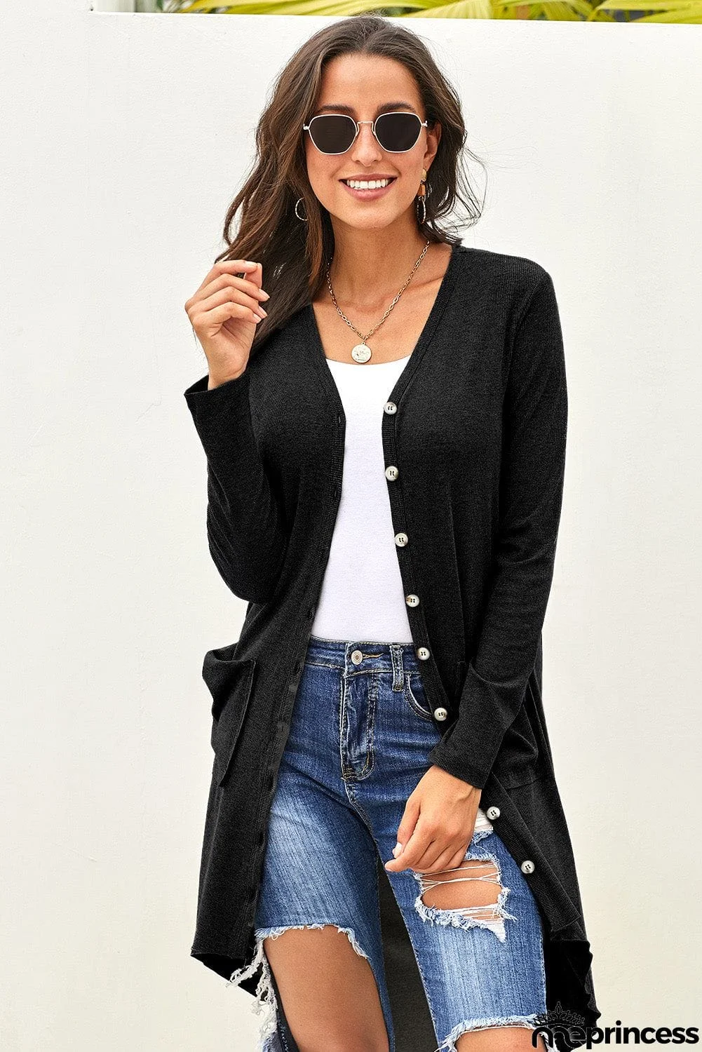 Selected Button Pocketed High Low Cardigan