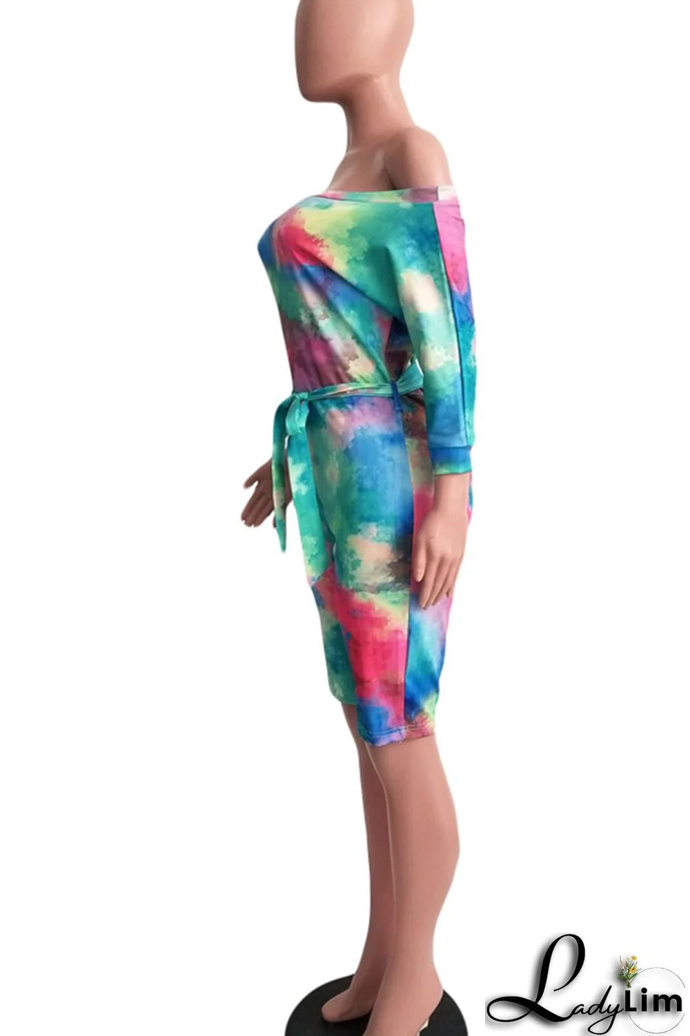 Tangerine Red Casual Print Tie Dye Bandage Split Joint Off the Shoulder Straight Jumpsuits