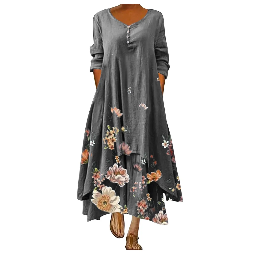 Flower Print Maxi Dresses For Women O-neck Long Sleeve Irregular Loose Long Dress Robe Longue Femme Plus Size Woman Dress