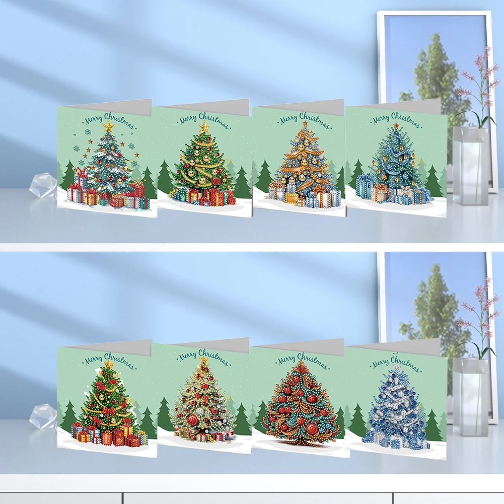 8pcs DIY Christmas Tree DIY Diamond Painting Greeting Card for Friends Family Gift【With White Envelope】