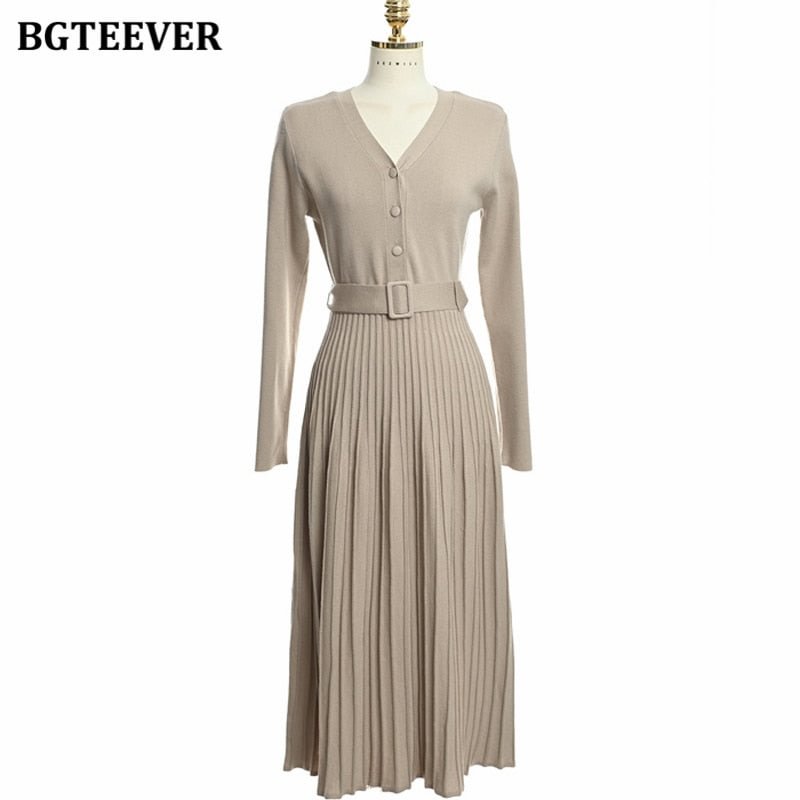 BGTEEVER Elegant Autumn Knitted Pleated Dress V-neck Belted Single-breasted Women Sweater Midi Dress 2021 A-line Vestidos