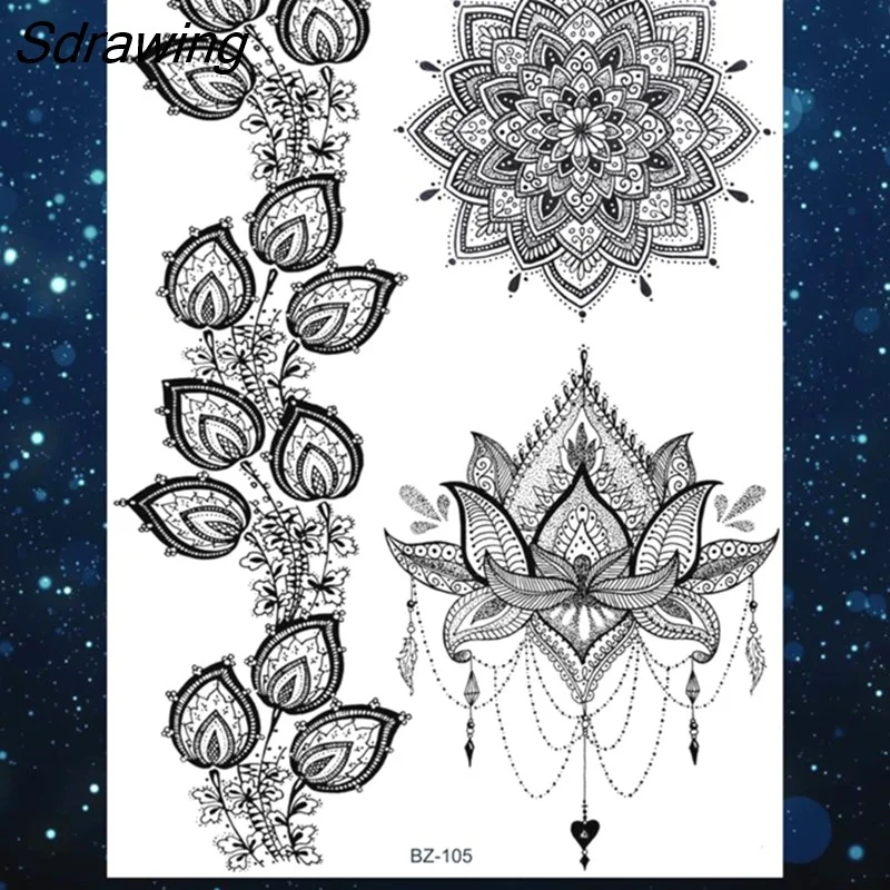 Sdrawing Henna Temporary Tattoos For Women Girls Feather Butterfly DreamCatcher Fake Gem Tattoo Sticker Chest Arm Tatoos Tribal 328-1