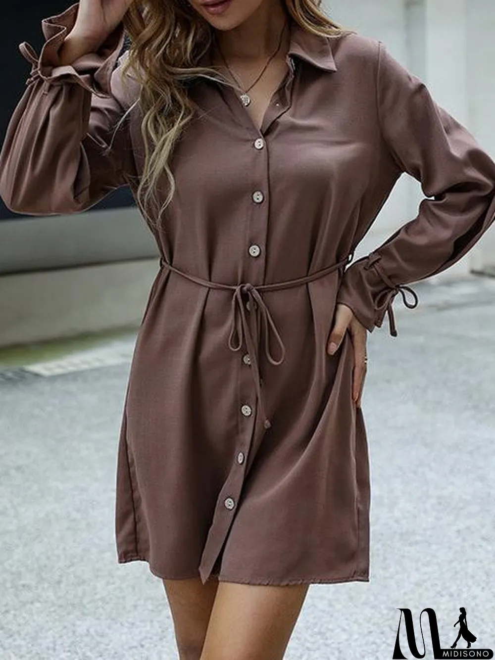 MidiSono - Women's Solid Color Lapel With Lace-Up Long-Sleeve Shirt Midi Dress