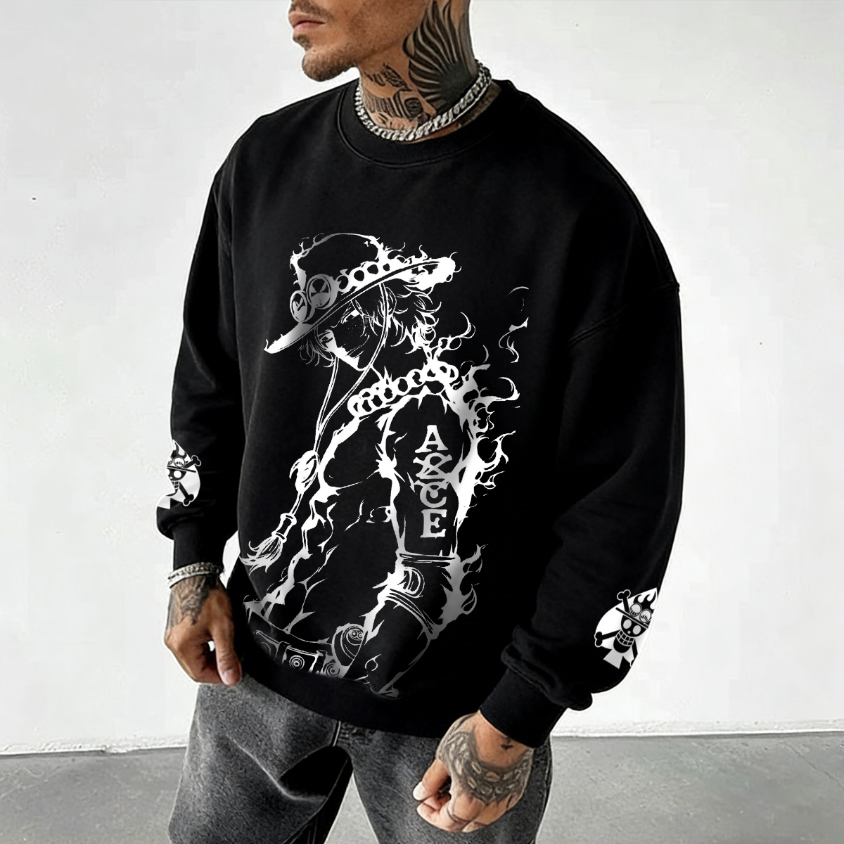 Black Flame Ace Print Crewneck Sweatshirt with Pirate Skull Sleeve Design