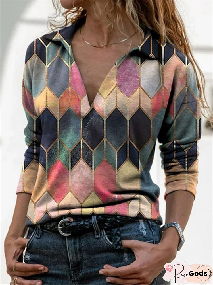 Color-Block Long Sleeve Shirt Collar Abstract Blouse