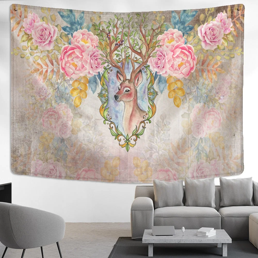 Elk Head Oil Painting Tapestry Wall Hanging Bohemian Style Psychedelic Witchcraft Art Cartoon Home Decor