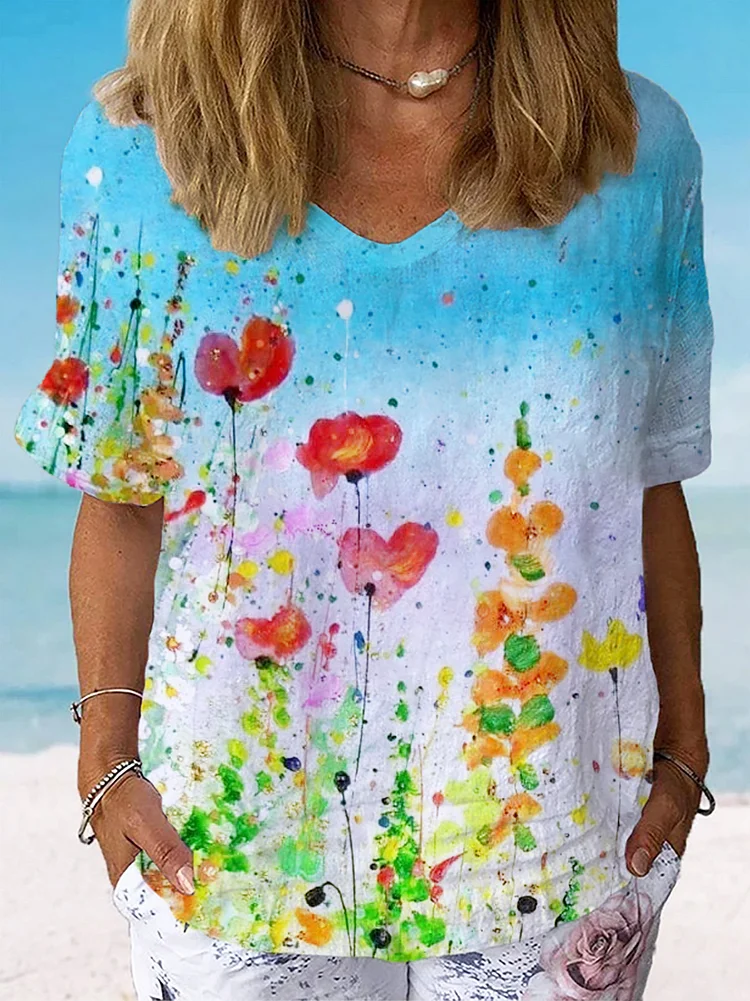Women's Floral Art Print Casual Cotton And Linen Shirt