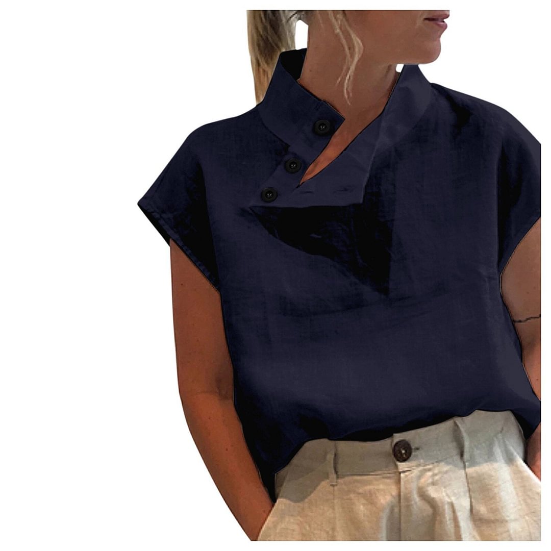 Elegant Fashion Buttons Blouse Shirt Skew Collar Tops Tee Summer Casual Ladies Tops Female Women Short Sleeve Blusas Pullover
