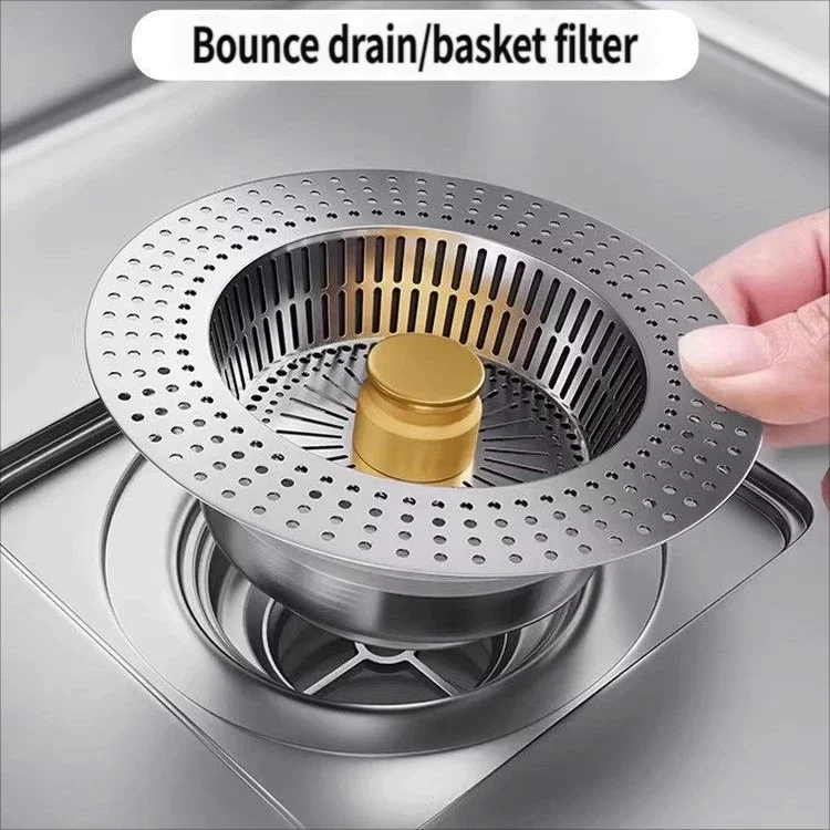 Stainless steel sink strainer, kitchen sink spring-loaded core, vegetable wash basin drain plug, sewer anti-clogging groove