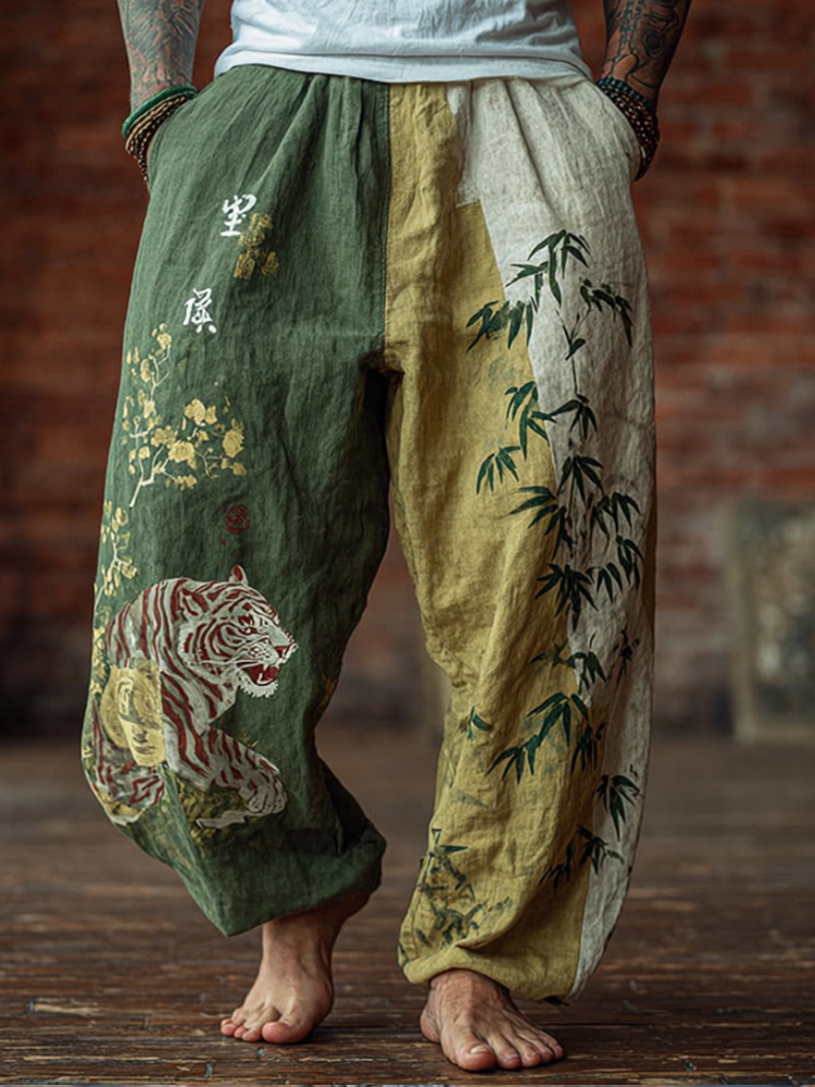 Men's Bamboo Forest Tiger Print Art Linen-blend Casual Pants  artssus