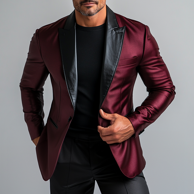 Men's PU Leather Patchwork Peak Lapel Single Breasted Satin Blazer