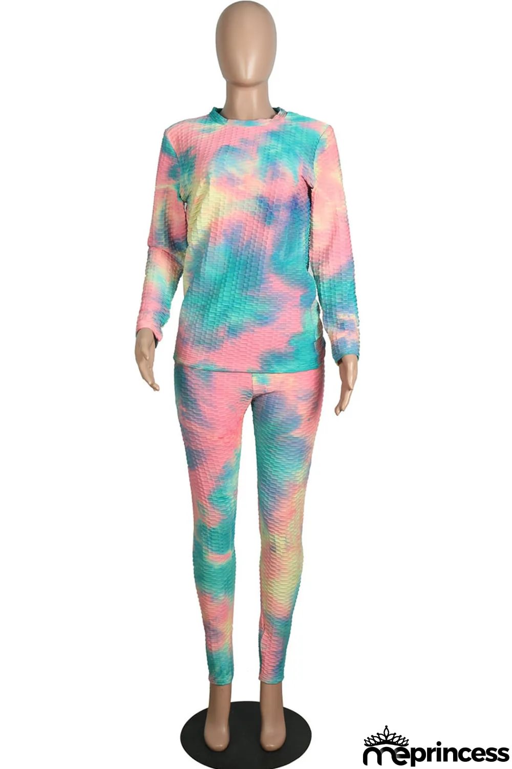 Pink Casual Gradual Change Print Tie Dye Split Joint O Neck Long Sleeve Two Pieces