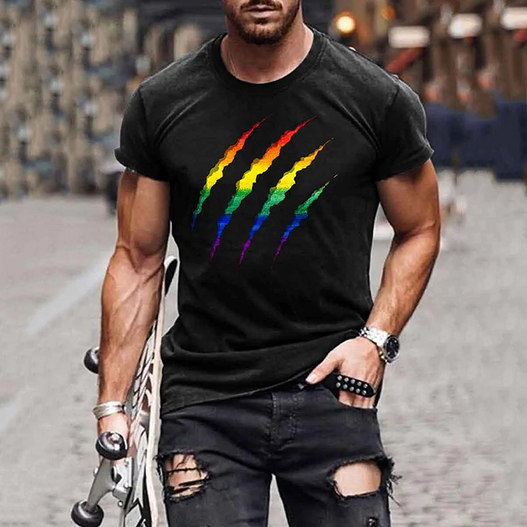 BrosWear Men'S Rainbow Ripped Print Short Sleeve T Shirt