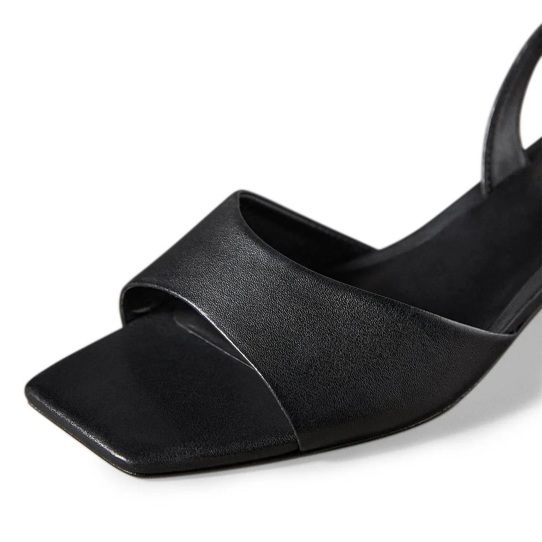 Simple Black Open Square Toe Kitten Heel Slingback Women's Sandals
