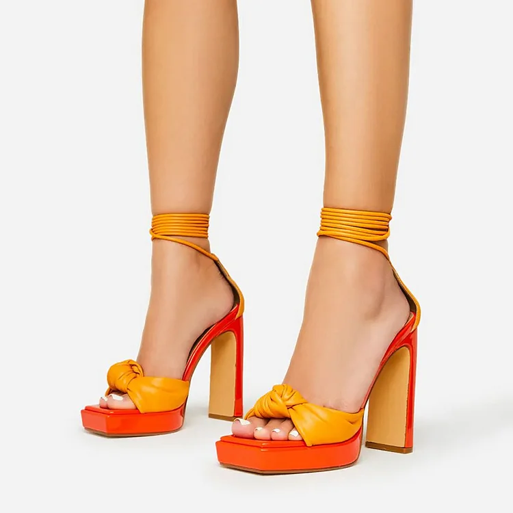 Orange Square Toe Chunky Heels Women's Pleated Shoes Wrap Sandals |FSJ Shoes