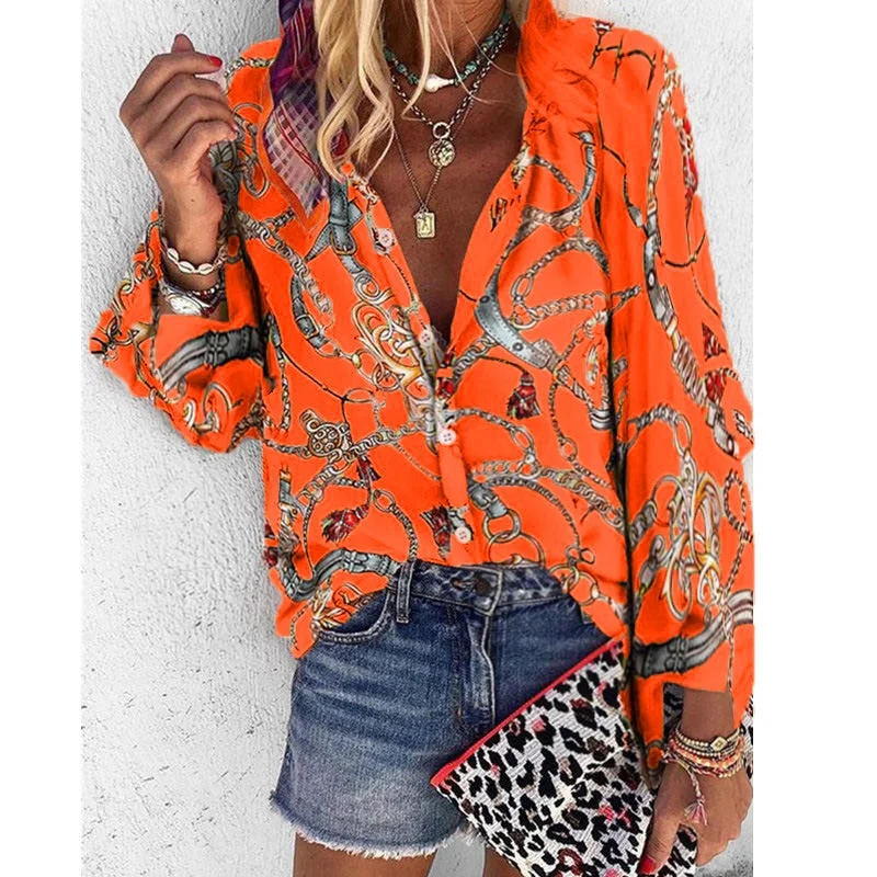 Women Blouse V-neck Long Sleeve New Design Plus Size Chains Print Loose casual Shirts Womens 2020 Tops And Blouses blusas largas