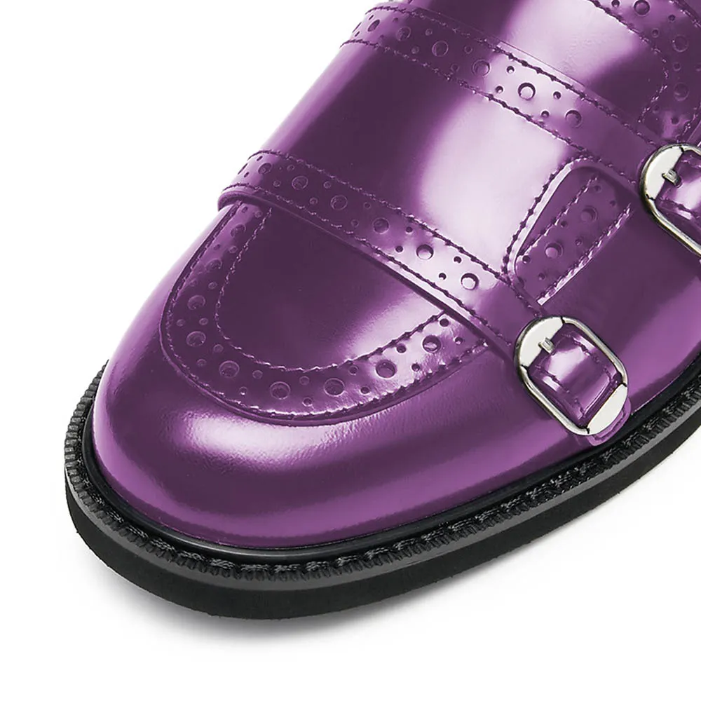 Purple Round Toe Perforated Patterns Women's Loafers with Buckles