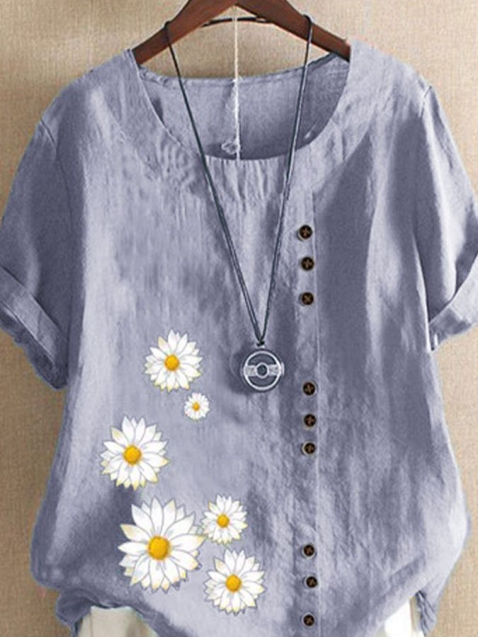 Cotton Linen Daisy Print Casual Shirt