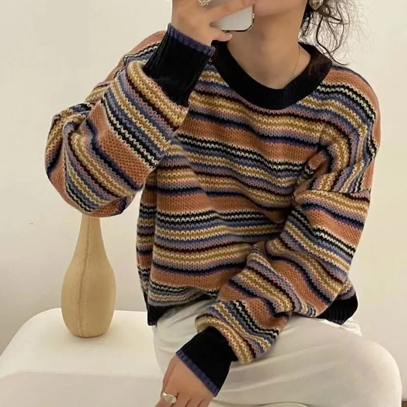 Christmas Gift Striped Sweater Women Long Sleeve Jumpers Knit Knitted ...