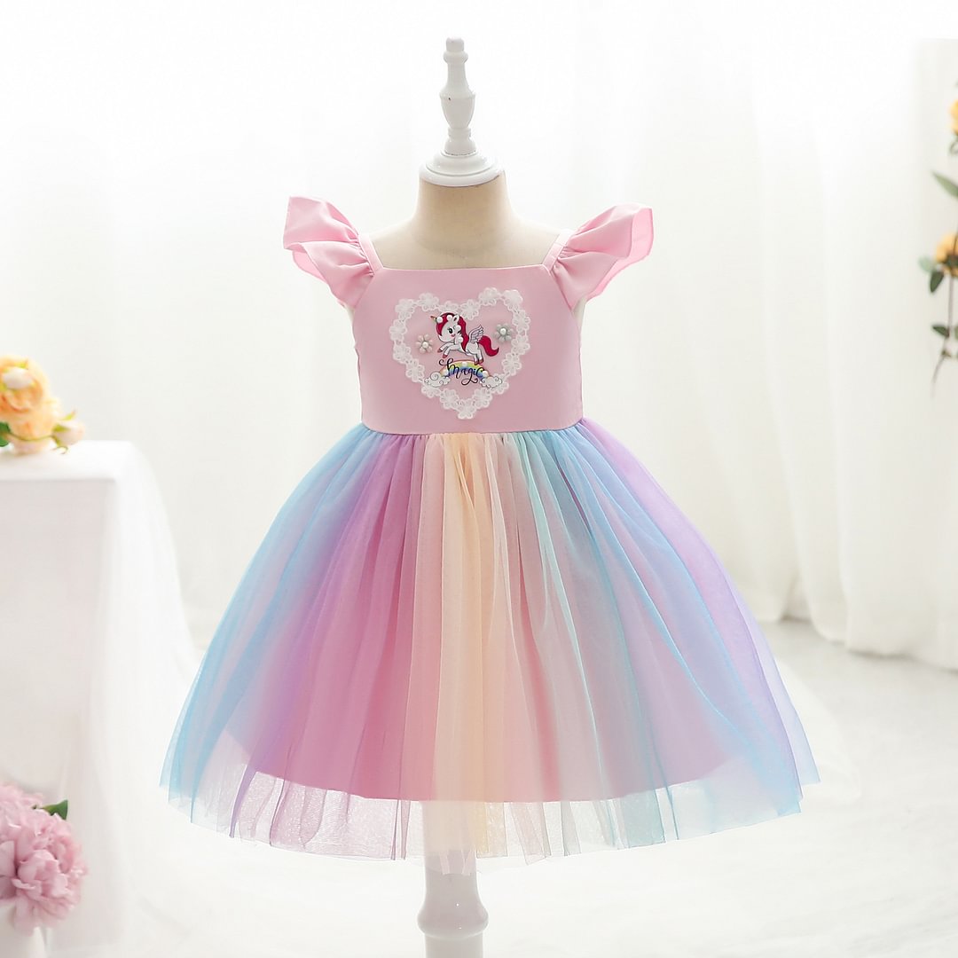 Buzzdaisy Unicorn Princess Dress For Girl Square Neck Colorful Aline Dress Lotus Leaf Sleeves Without Fading Cotton Party