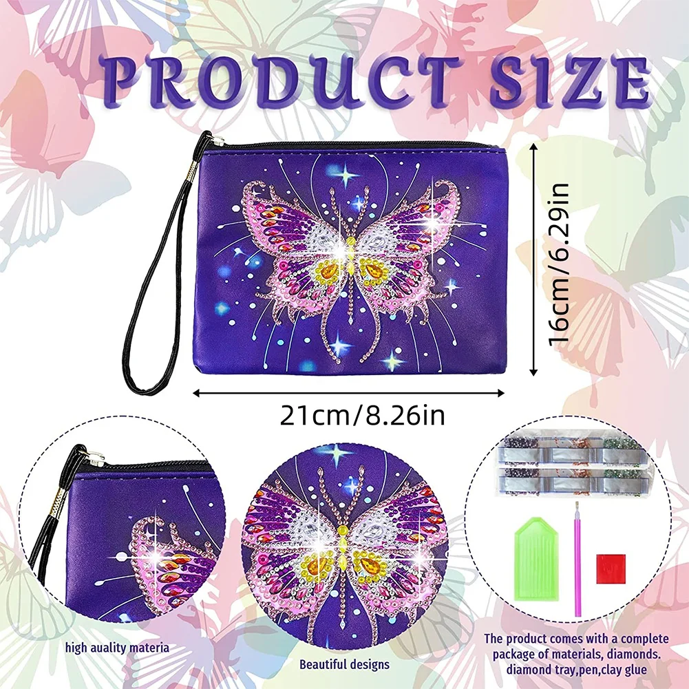 DIY Butterfly Diamond Art Cosmetic Bag Flowers Single Sided PU Women Clutch