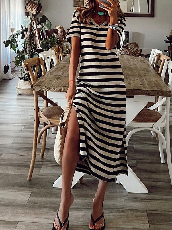 Women's Short Sleeve V-neck Graphic Striped Midi Dress