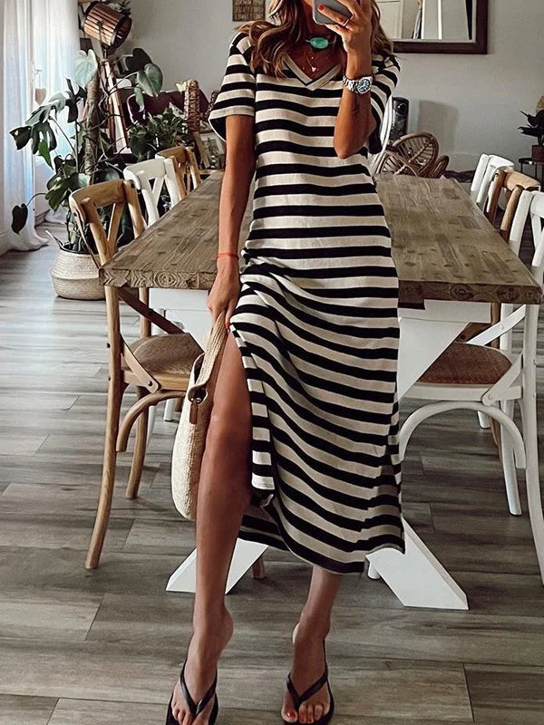 Women's Short Sleeve V-neck Graphic Striped Midi Dress