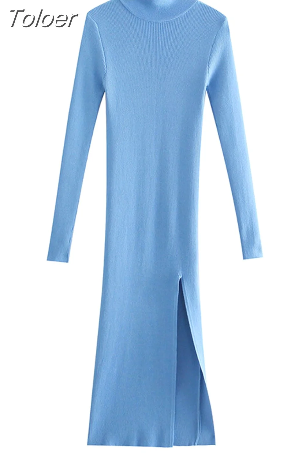 Toloer MODA 2023 Women Chic Fashion Front Slit Sheath Knit Midi Dress Vintage High Neck Long Sleeve Female Dresses Vestidos Mujer