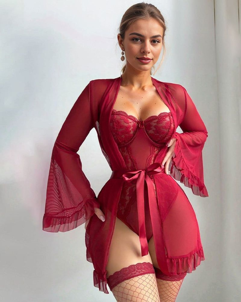 Lovingerie - 2 Piece Set Lace Kimono Robe with Teddy