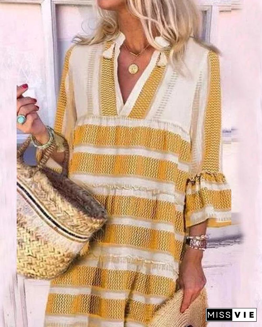 3/4 Sleeve Striped Mini Dress