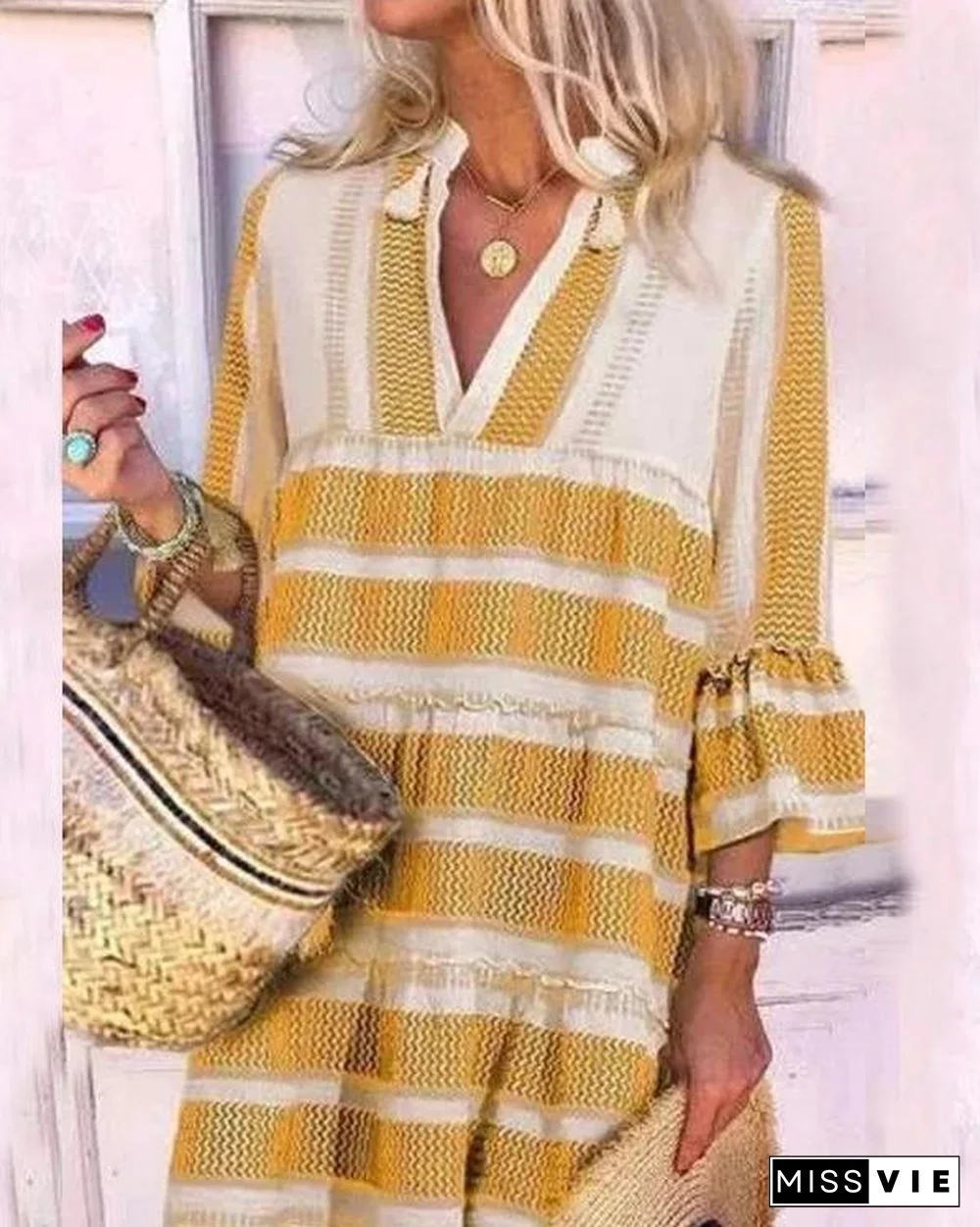 3/4 Sleeve Striped Mini Dress