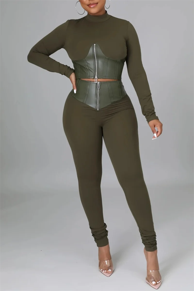 Green Fashion Casual Patchwork Solid Zipper Half A Turtleneck Long Sleeve Two Pieces | EGEMISS